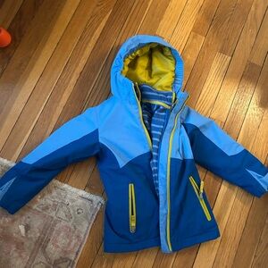 Land’s End Blue and Yellow Hooded Snow Jacket with detachable fleece jacket
